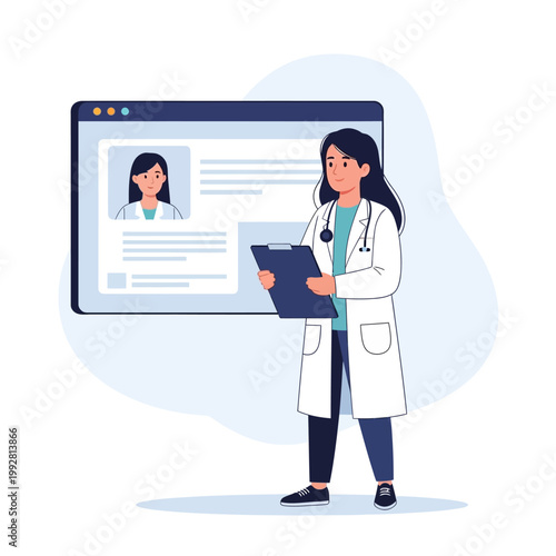Doctor with Clipboard and Patient Profile on Screen - Healthcare Technology Concept