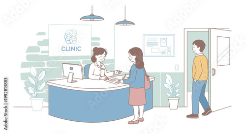 Doctor's clinic reception desk with patients waiting, illustration style