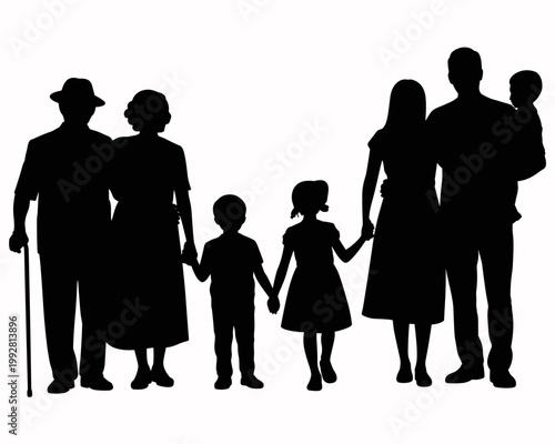 Family silhouette generations united in a black and white illustration