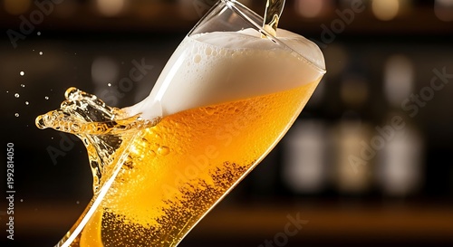 Beer being poured into a glass, creating a splash and a frothy head in a bar setting.