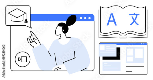 Online education, language learning, virtual classroom, multilingual tools, e-learning platforms, digital resources. Woman pointing on screen with icons of education and language. Online education