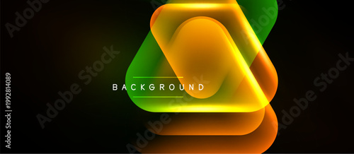 Abstract neon shapes overlap, creating vibrant orange, green glow. Dark background emphasizes luminosity, modern design element.