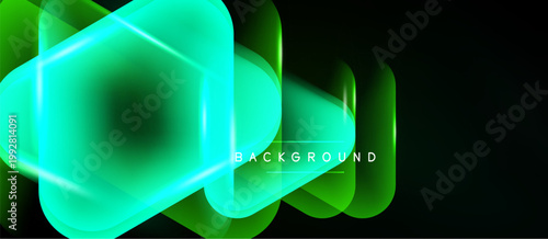 Abstract neon shapes overlap, creating vibrant glow effect. Dark background emphasizes bright green luminosity. Modern design element.
