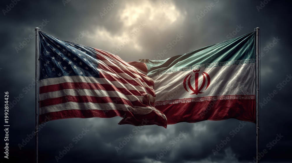 Obraz premium USA United States of America and Iran relations competition war crisis politic government,flag waving,nternational tension relation crude oil,symbolic display about relations,conflicts concept.