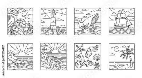 A collection of eight black and white nautical themed square illustrations
