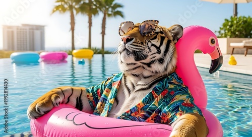 A cool tiger wearing sunglasses and a Hawaiian shirt relaxing on a pink flamingo float in a sunny swimming pool at a luxury resort.