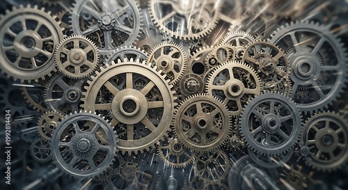 Intricate metallic gears interlocking in a complex mechanical system, showcasing precision engineering and industrial design.