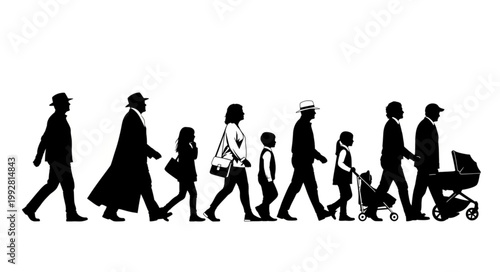 Diverse group of people walking together in silhouette.