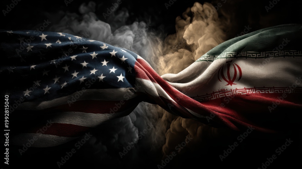 Obraz premium USA United States of America and Iran relations competition war crisis politic government,flag waving,nternational tension relation crude oil,symbolic display about relations,conflicts concept.