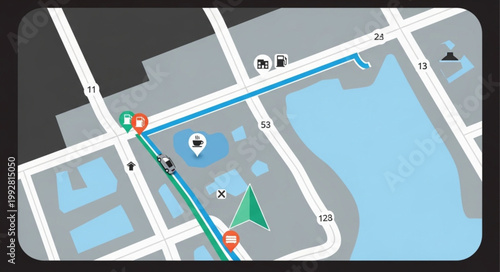 Digital map navigation with route and destination marker.