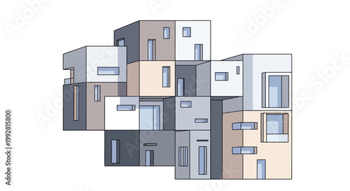 Minimalist Modular Apartment Building Concept, Stacked Geometric Architectural Cubes for Future Urban Living, Modern Prefab Housing Illustration on White