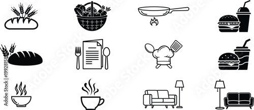 Black silhouette icons of food cooking and household items in a grid layout