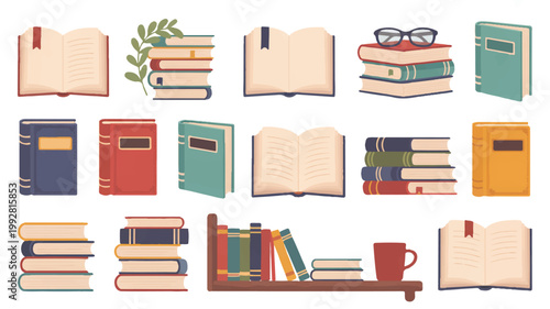 A diverse collection of vibrantly illustrated books, showcasing various stacks and open volumes for reading, learning, and literary exploration in a minimalist graphic style