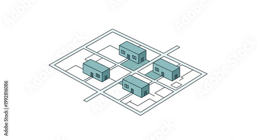 Isometric Neighborhood Urban Planning Map with House Icons for Real Estate Development and Suburban Housing Construction Concept