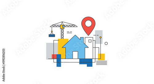 Real Estate Development and Home Construction Concept Illustration with House Icon, Building Crane, and Map Location Pin Marker