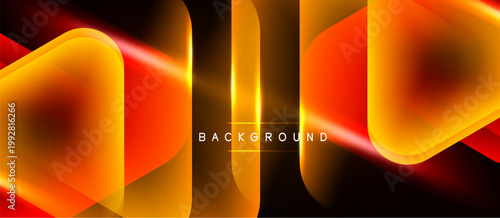 Abstract design features vibrant orange, red layers. Dynamic curves create modern visual impact. Dark background emphasizes luminosity.