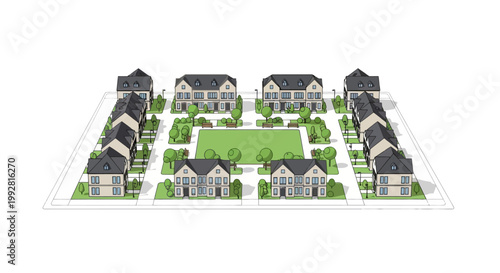 Isometric Modern Residential Neighborhood with Townhouses and Central Green Park