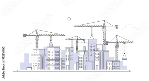 Minimalist City Construction Site Vector Illustration with Tower Cranes and Modern Buildings Line Art