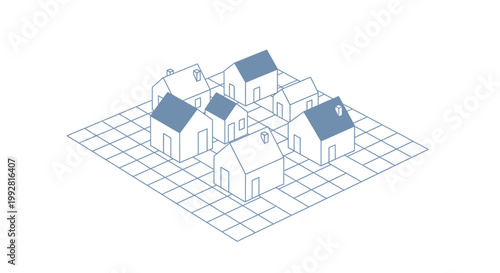 Isometric Real Estate Development and Urban Planning Concept with Minimalist Line Art Houses on a Grid Background