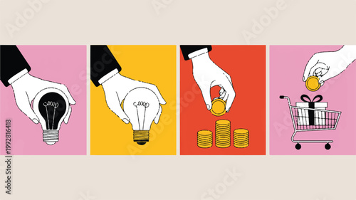 Minimalist illustration showcasing the full cycle from innovative idea generation and development to successful financial investment and consumer spending