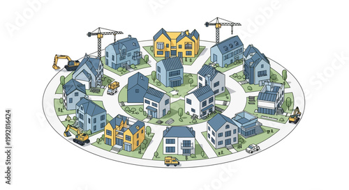 Circular Residential Neighborhood Development Illustration with Houses, Construction Cranes, and Urban Planning Concept