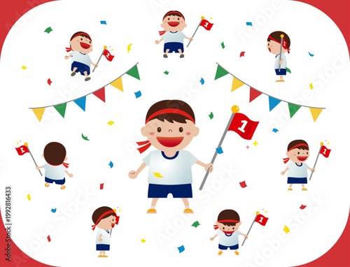 運動会で1位の旗を持って喜ぶ男の子のポーズ・角度バリエーションセット