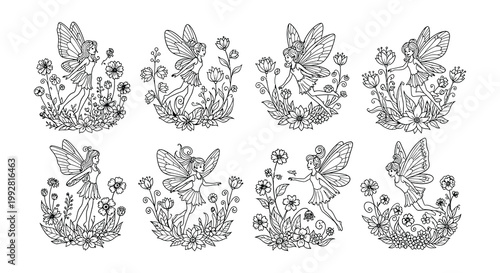 Charming collection of whimsical fairies and floral arrangements in line art
