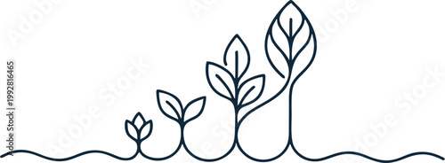 Minimalist professional vector line art illustration showing the stages of plant growth from sprout to leafy branch, symbolizing sustainable development, environmental progress, organic life cycles
