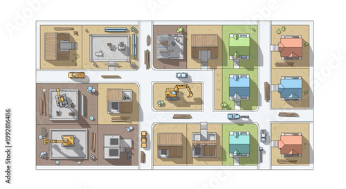 Top-down view of residential construction site with houses in various development stages, excavators and urban planning layout. Flat vector-style real estate development illustration