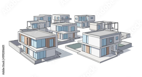 Modern Modular Housing Architecture Sketch: 3D Illustration of Contemporary Minimalist Residential Buildings and Suburban Real Estate Development