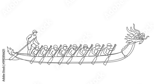 Dragon Boat Race Illustration: Team Rowing, Dragon Head Design, Traditional Sport