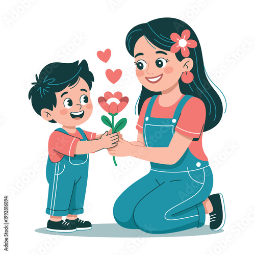 Young boy gives flower to happy mother on mothers day illustration.