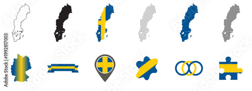 set of Sweden map designs country outline, black silhouette, and national flag version with blue background and yellow cross, isolated on white background for geography, travel, education,