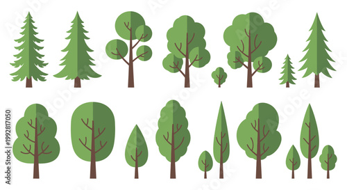 Set of stylized green trees and coniferous trees, flat design, isolated on white background