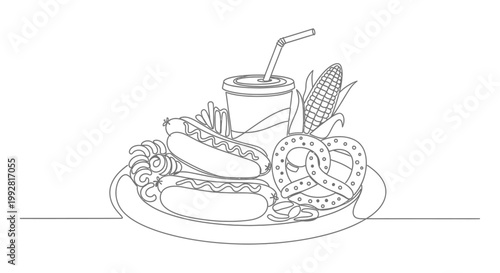 Fast Food Meal: Hot Dogs, Fries, Pretzel, Corn, and Drink Line Art