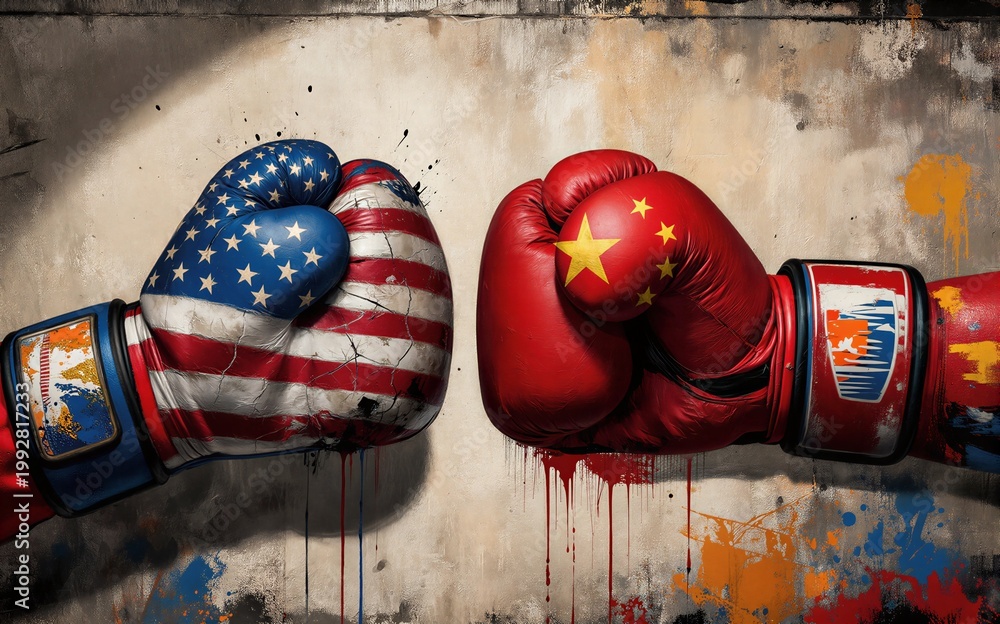 Fototapeta premium Two boxing gloves one with US flag other with Chinese flag poised for