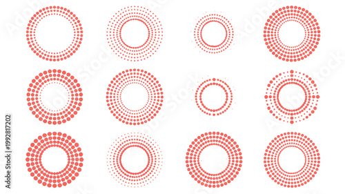 A Collection of 12 Dotted Circular Patterns in Red, Ideal for Graphic Design and Abstract Backgrounds
