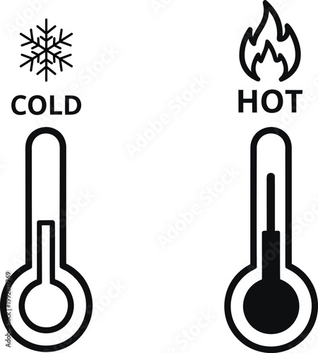 Temperature extremes cold and hot icons with thermometers illustrating opposing conditions
