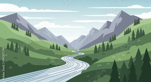 Serene Mountain Landscape with Winding River and Green Hills