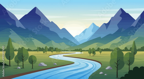 Serene Mountain Valley Landscape with Winding River and Green Trees at Sunrise