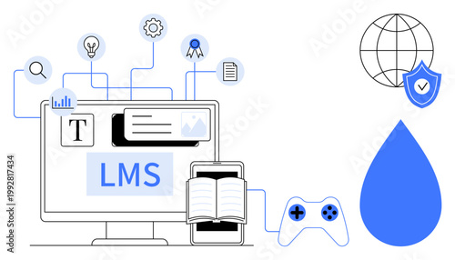 Education, e-learning tools, gamification, online training, digital innovation, secure learning. Computer with LMS software, open book gaming controller and icons. E-learning and gamification