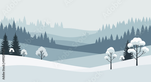 Serene Winter Landscape with Snow-Covered Hills and Evergreen Trees