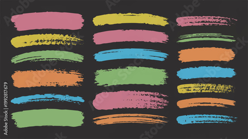 Dynamic collection of colorful hand-painted brush strokes, creating abstract texture swatches and artistic highlight elements for diverse graphic design projects
