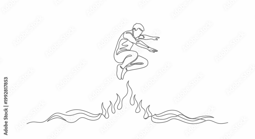 Obraz premium Man jumping over fire, parkour, extreme sport, freedom, risk, single line drawing