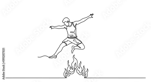 Man jumping over fire, continuous line drawing, freedom and courage concept