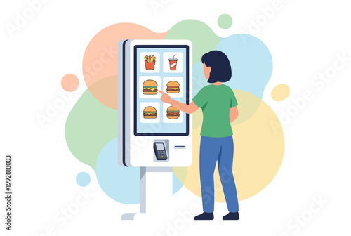Modern Fast Food Self Service Kiosk with Woman Ordering