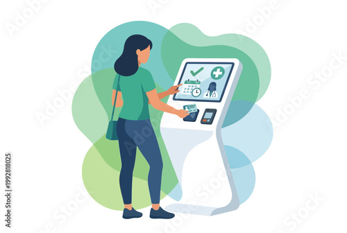 Woman using a modern self service healthcare kiosk for appointment