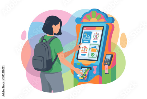 Woman using modern self service kiosk for amusement park tickets