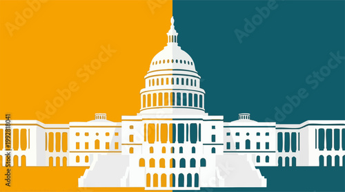 Fotografía US Capitol Building Illustration Split by Contrasting Political Colors
