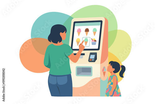 Modern Self Service Kiosk for Ordering Ice Cream with Mother and Child